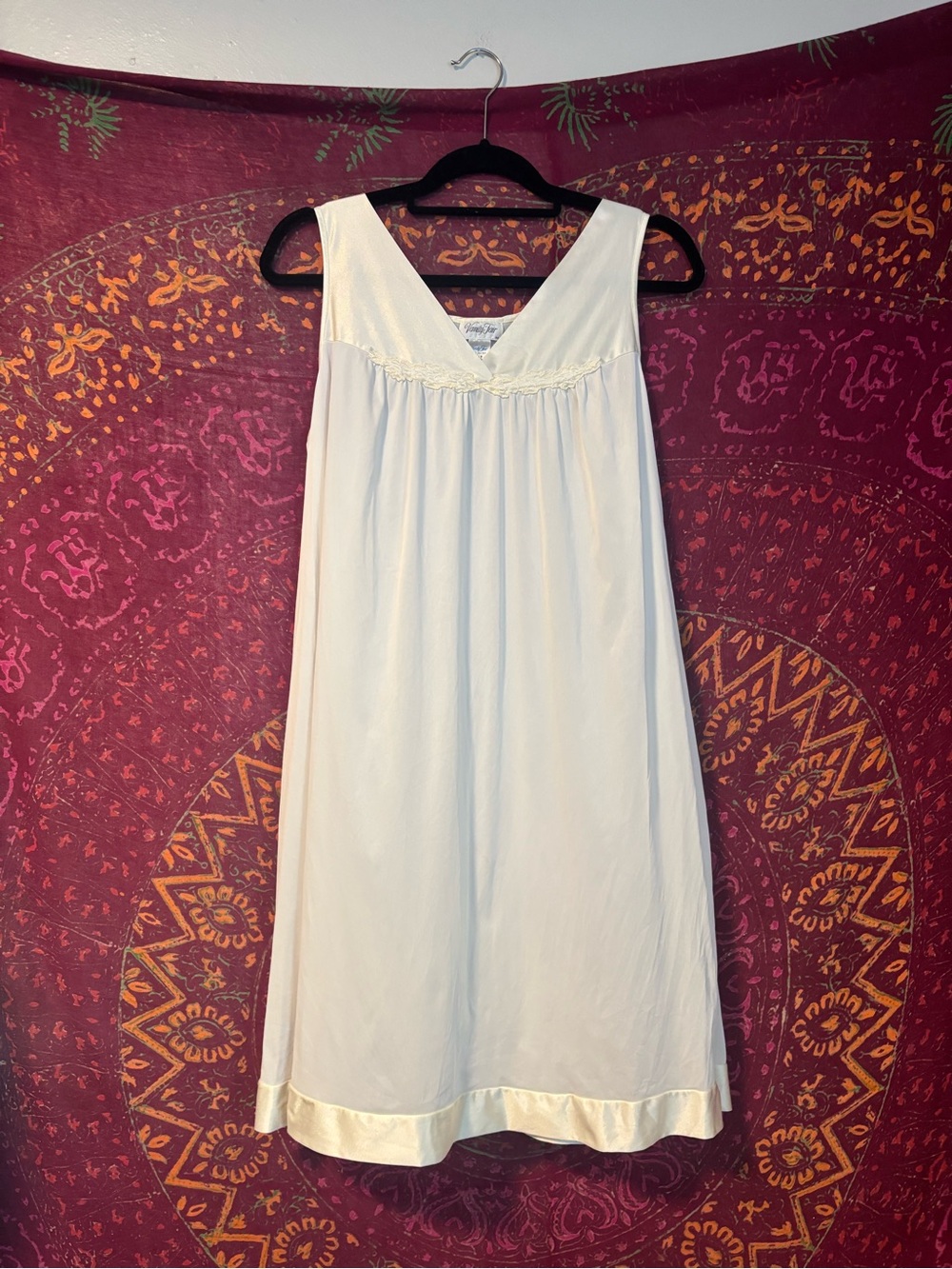 Vintage Vanity Fair White Sleeveless V-Neck Slip Nightgown with Satin Trim